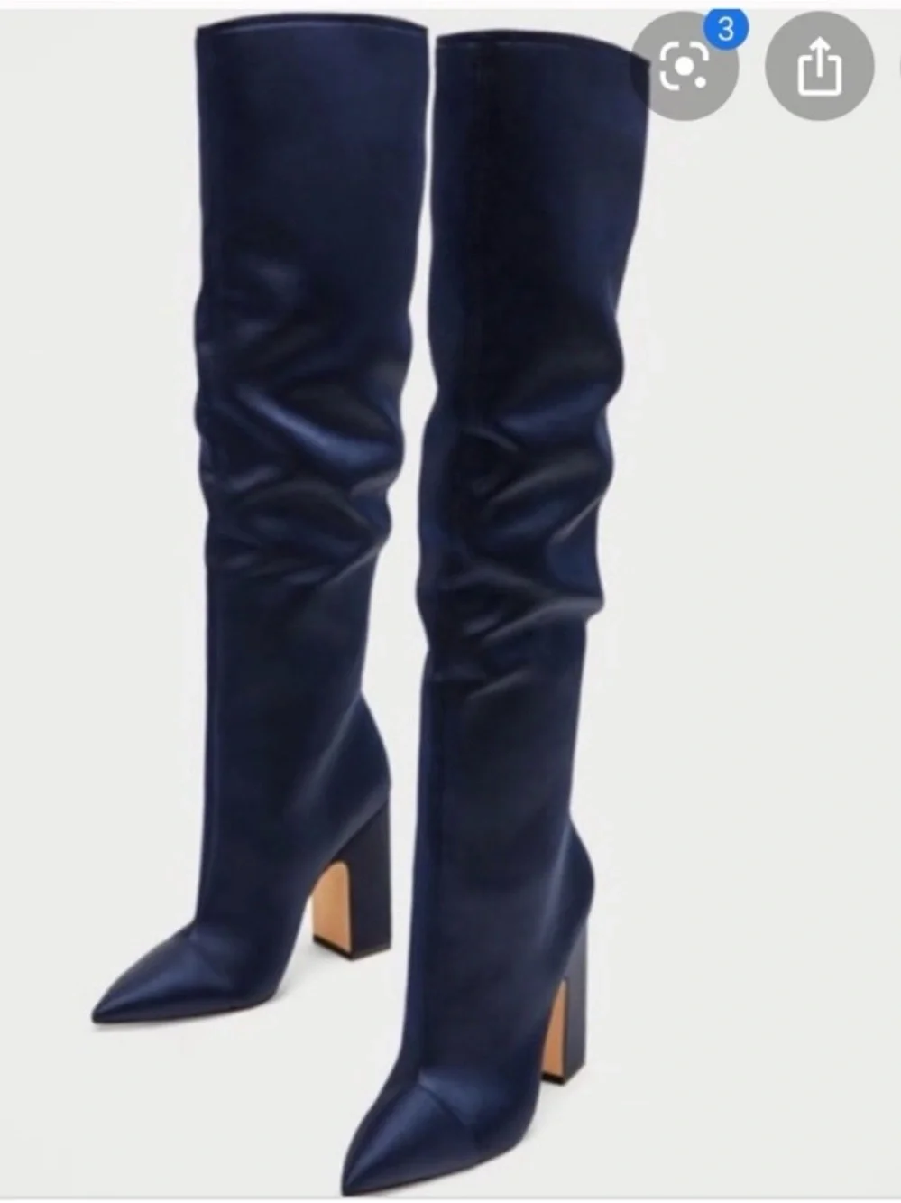 Zara Satin Navy Over-the-Knee Pointed Toe Block Heel Boots